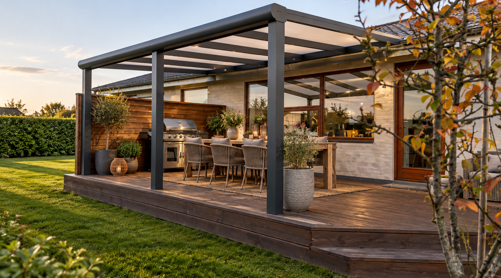 Integreret pergola med roterbart tag og glassider | VICA Danmark