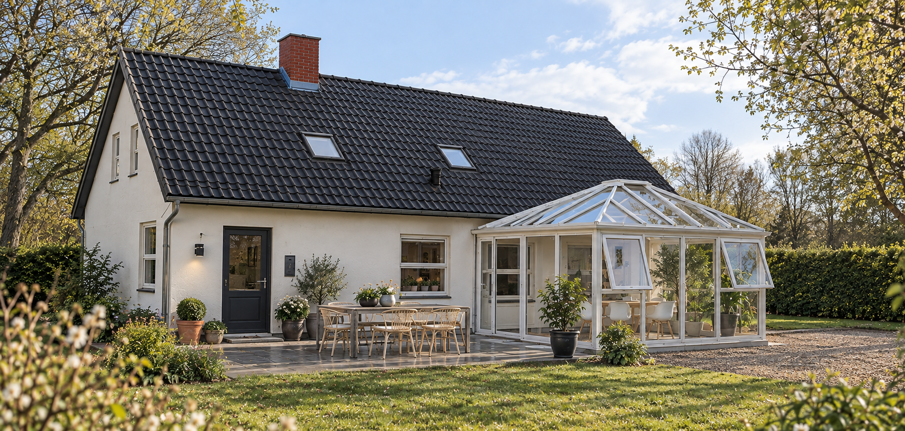 Fotorealistisk tegning af en udestue med pyramidetag, der er integreret på en bolig | VICA Danmark