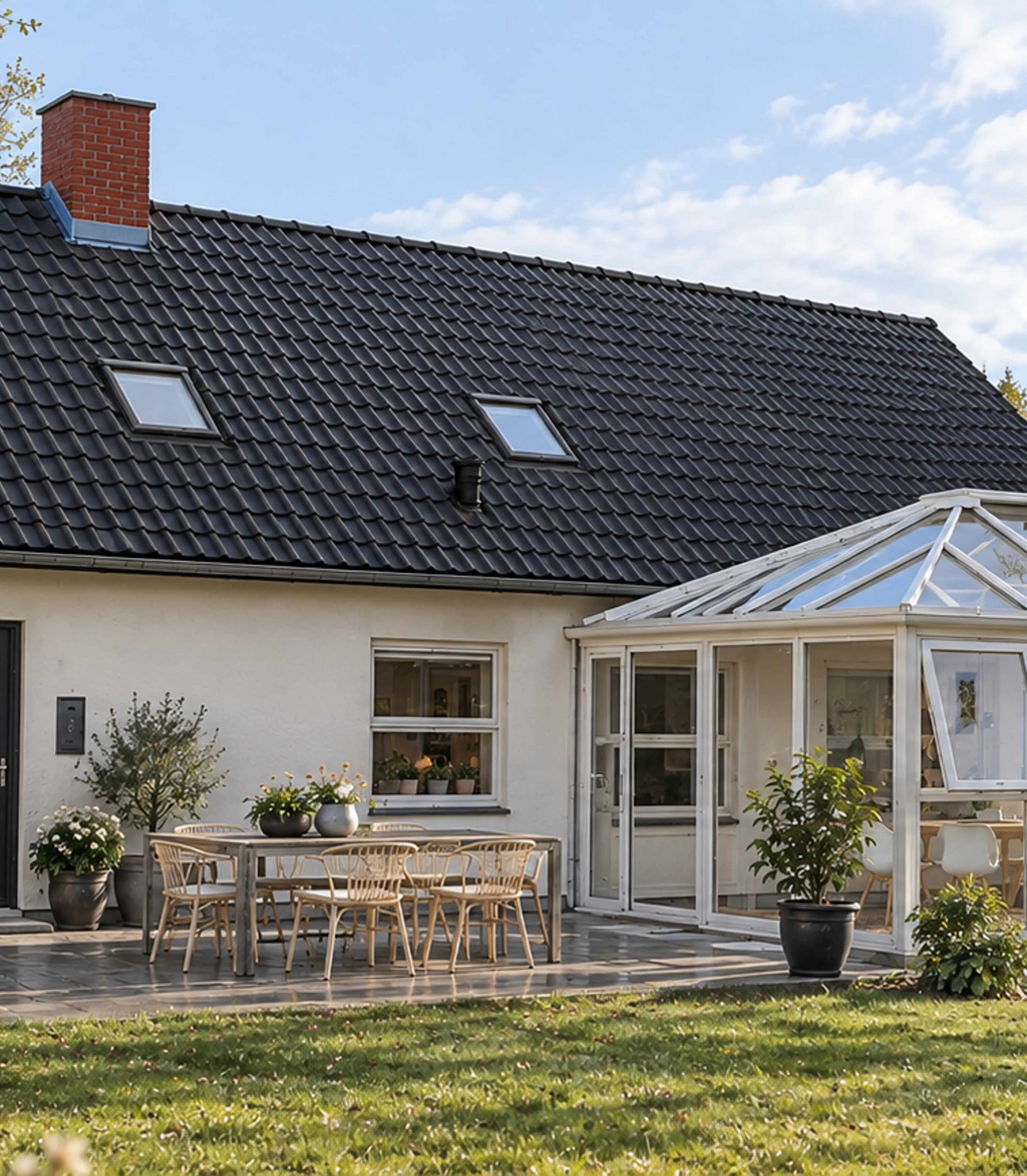 Fotorealistisk tegning af en udestue med pyramidetag, der er integreret på en bolig | VICA Danmark
