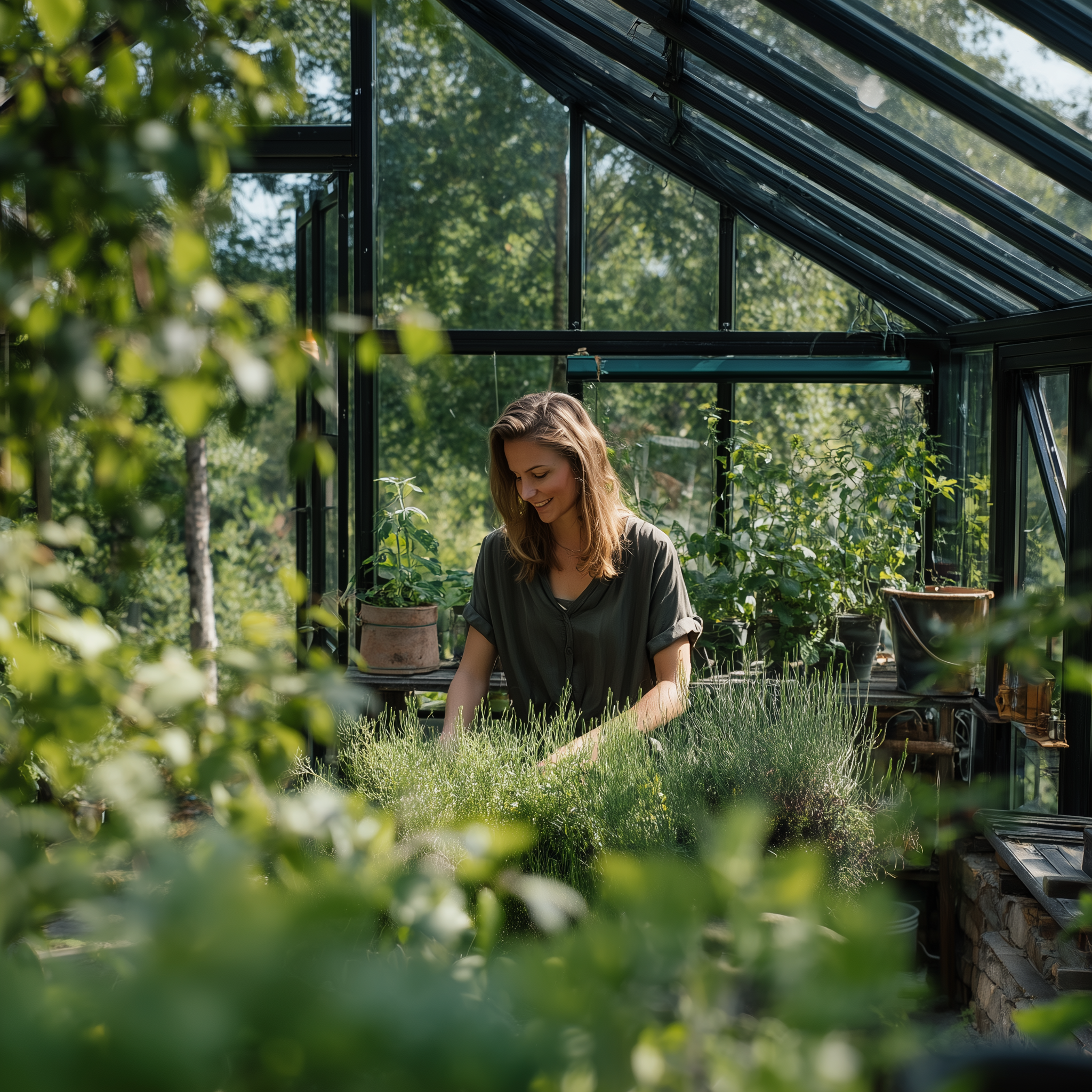 Dame i drivhus med planter ai
