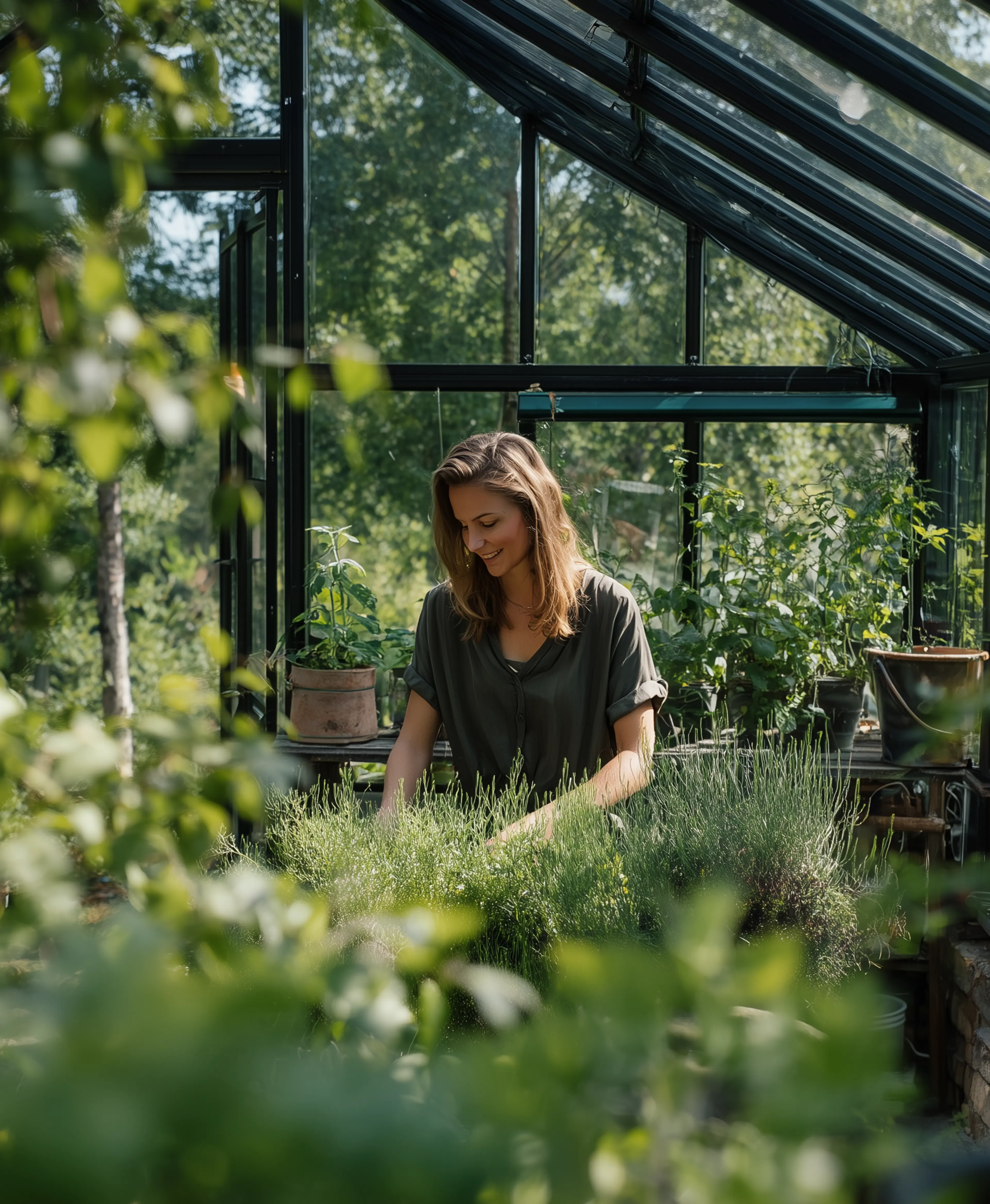 Dame i drivhus med planter ai